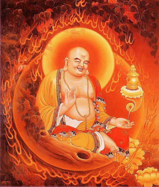 Bild von Maitreya Buddha, der im Inneren des Feuerballs praktiziert