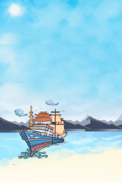 Background phong cảnh tranh vẽ thuyền ra biển