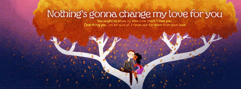 Ảnh bìa cover facebook đẹp cặp đôi ngồi trên cây hoạt hình