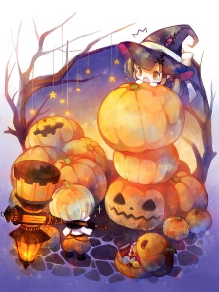 Hình Ảnh Halloween Đẹp - chibi phù thủy và bí ngô