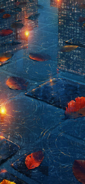 Hình nền iPhone 13 lá vàng trong vũng nước mưa