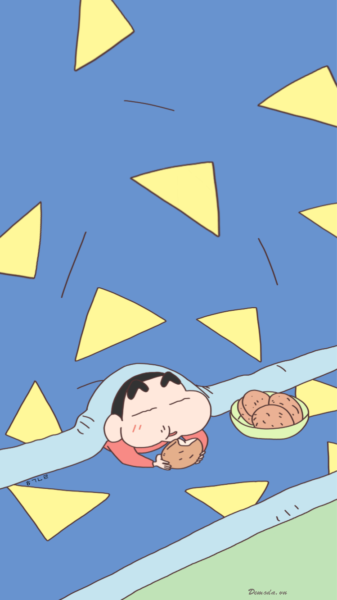 Hình nền Shin nằm trong chăn ăn bánh