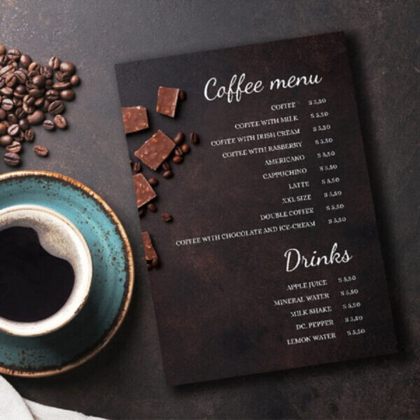 Mẫu menu cafe đơn giản sang trọng nền đen