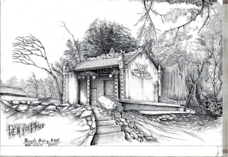 Tranh chì phong cảnh hình ngôi đền