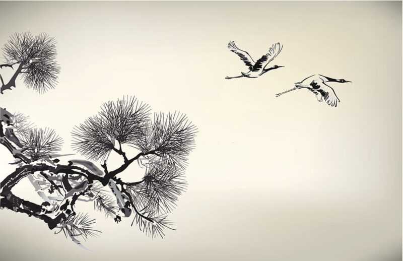 Ink style Pine Tree and crane, eps10 file