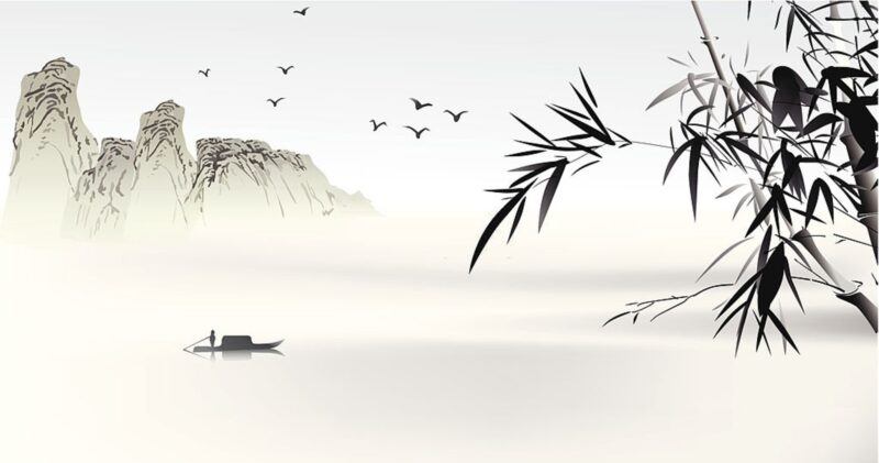 Tranh cổ phong con thuyền trên mặt nước đẹp