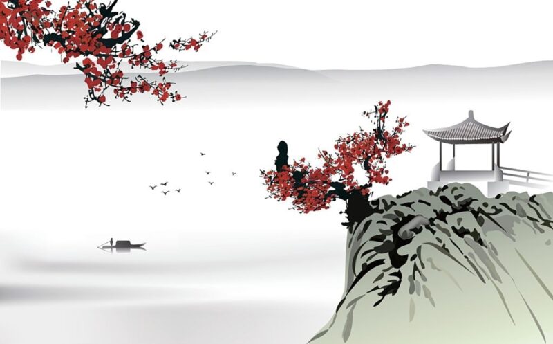 Tranh cổ phong những bông hoa gạo đỏ