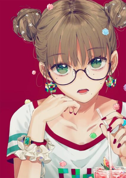 ảnh anime nữ đeo kính uống nước
