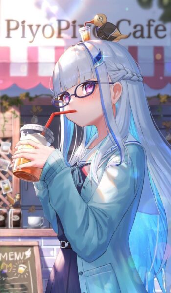 ảnh anime nữ đeo kính uống trà sữa