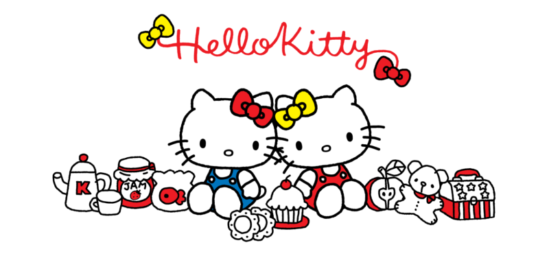 hình ảnh cặp song sinh hello kitty và nhiều đồ chơi