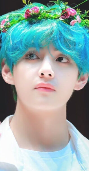 Ảnh V tóc xanh đội vòng hoa