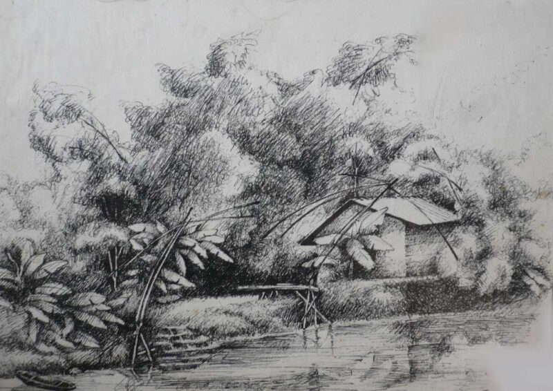 Ảnh vẽ chì ngôi nhà ở làng quê