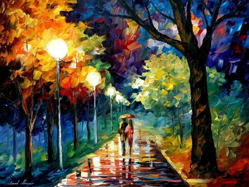 Bức tranh vẽ đẹp nổi tiếng thế giới cặp đôi đi dưới mưa