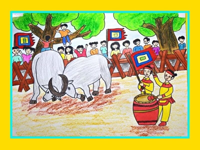 Cách vẽ tranh lễ hội trọi trâu đơn giản nhất