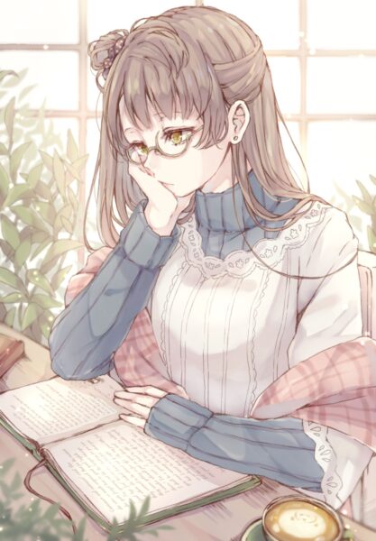Hình anime nữ đeo kính đang đọc sách