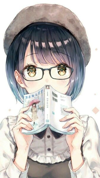 Hình anime nữ đeo kính và quyển sách