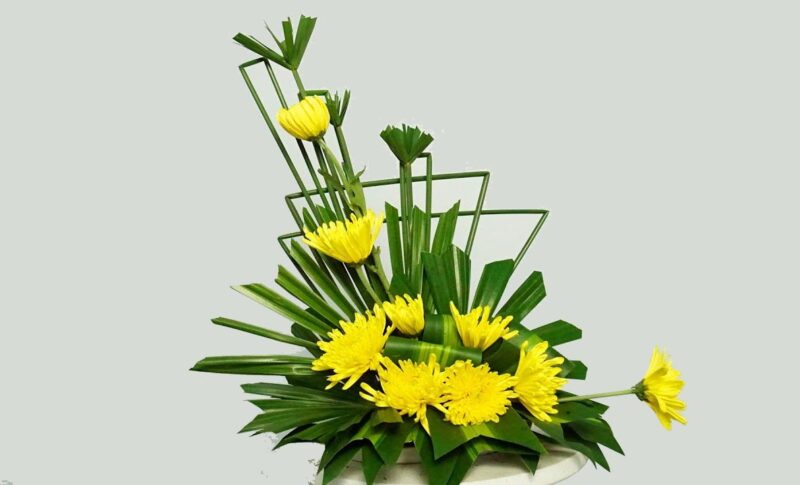 mẫu hoa để bàn cúc vàng dạng lẵng