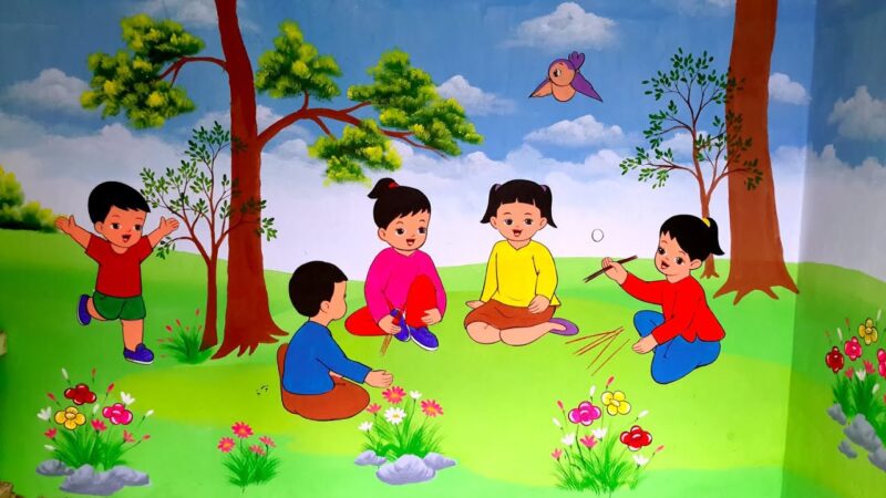 Tranh tường mầm non đẹp chơi banh đũa