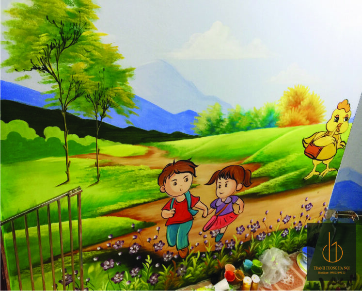 Tranh tường mầm non đẹp đồi cỏ xanh