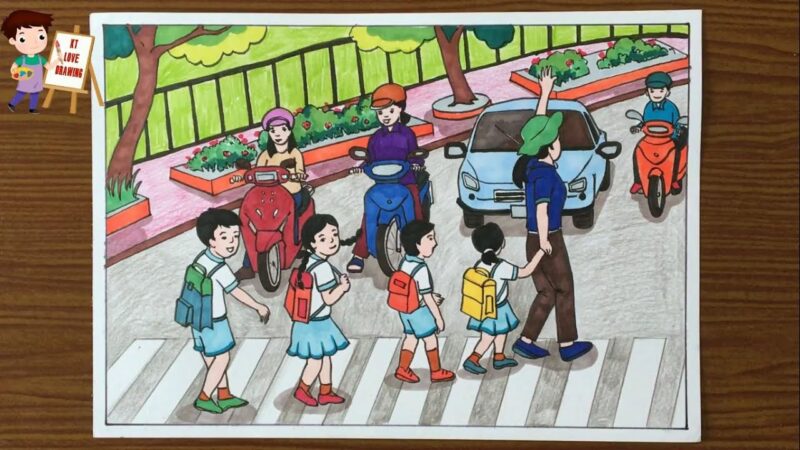 Tranh vẽ an toàn giao thông học sinh qua đường
