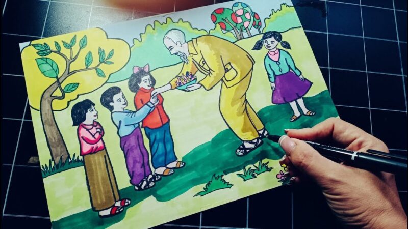 Tranh vẽ Bác Hồ với thiếu nhi được phát kẹo