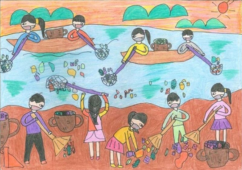 Tranh vẽ bảo vệ môi trường chèo thuyền nhặt rác