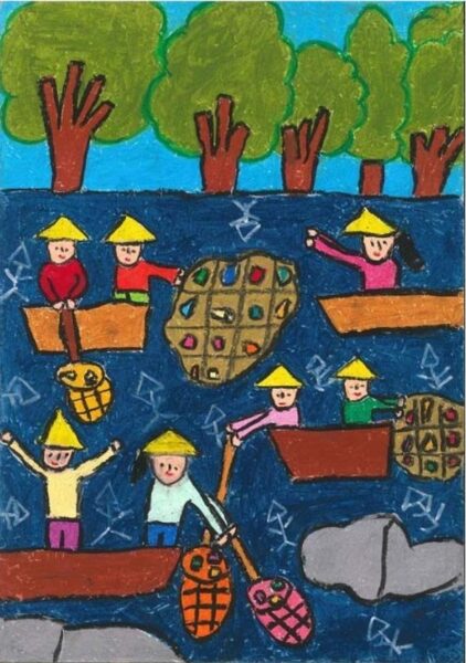 Tranh vẽ bảo vệ môi trường thu gom rác trên sông