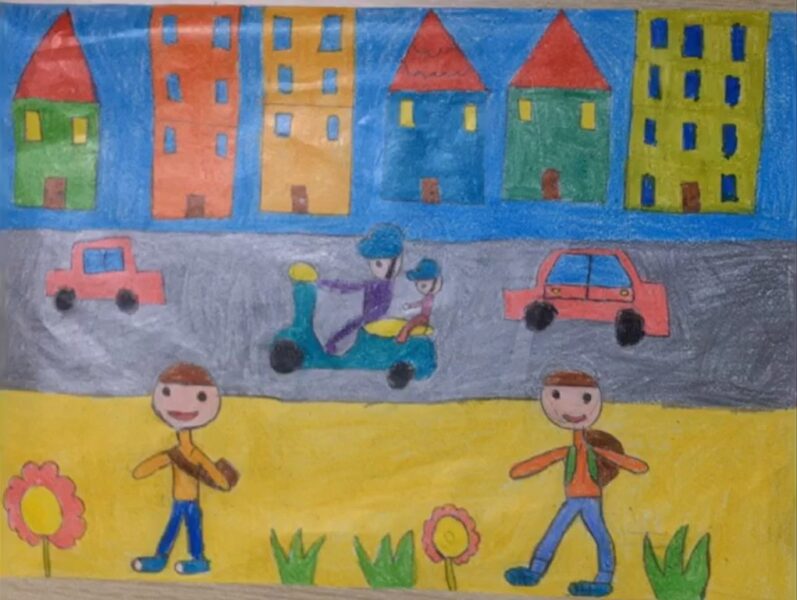 Tranh vẽ cổng trường nhộn nhịp