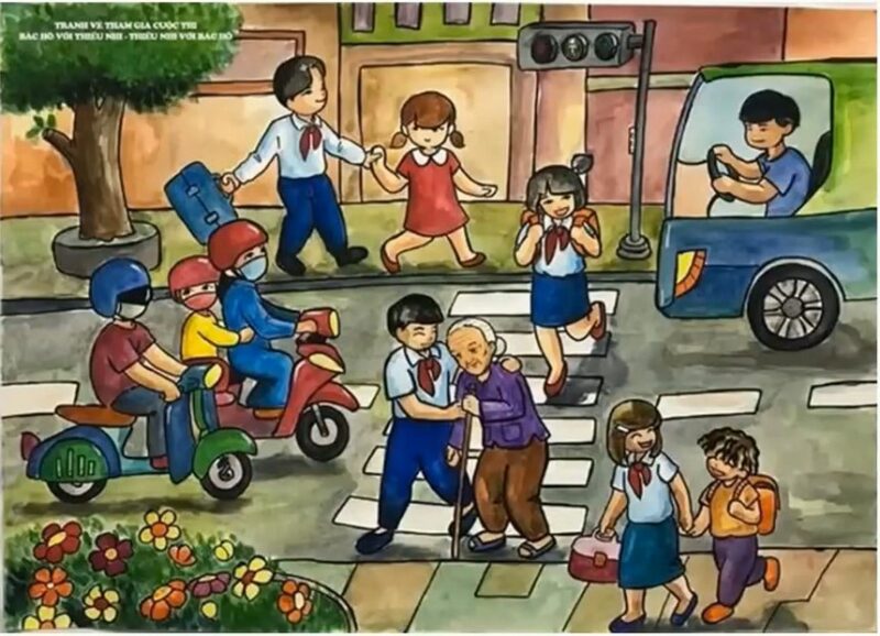 Tranh vẽ cổng trường nhộn nhịp việc tốt trước công trường học