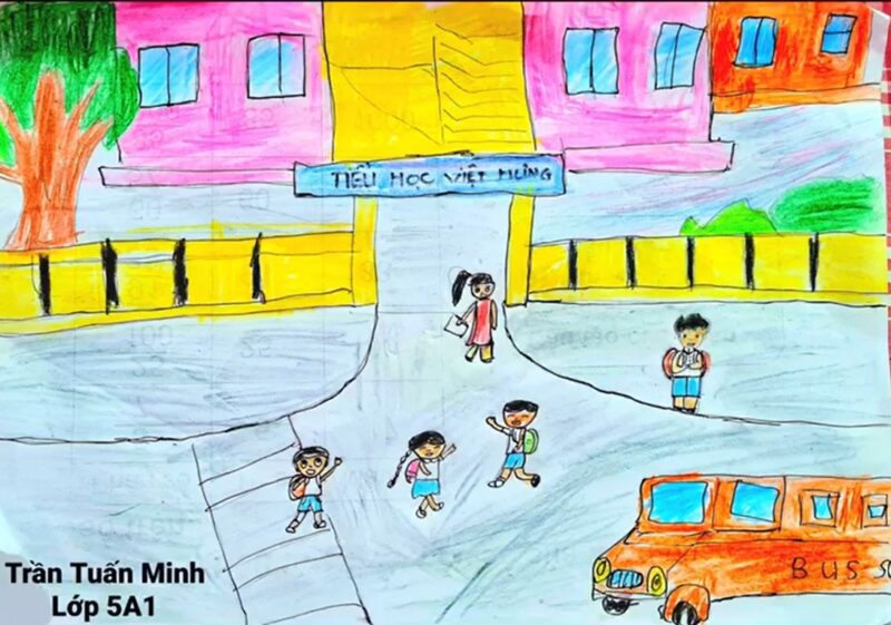 Tranh vẽ cổng trường nhộn nhịp xe buýt đón tan trường
