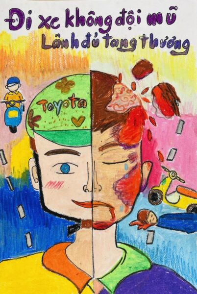 Tranh vẽ đề tài đội mũ xinh bảo vệ chúng mình chia nửa