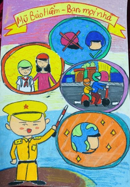Tranh vẽ đề tài đội mũ xinh bảo vệ chúng mình chú công an