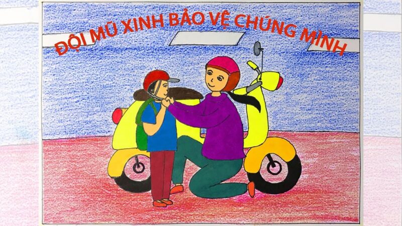 Tranh vẽ đề tài đội mũ xinh bảo vệ chúng mình nền xanh đỏ