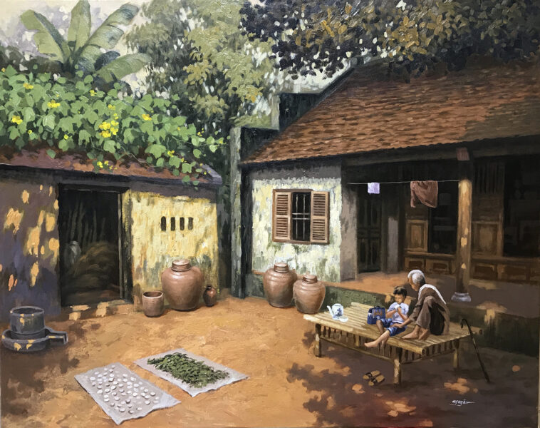 Tranh vẽ đề tài đồng quê đơn giản có bà và cháu