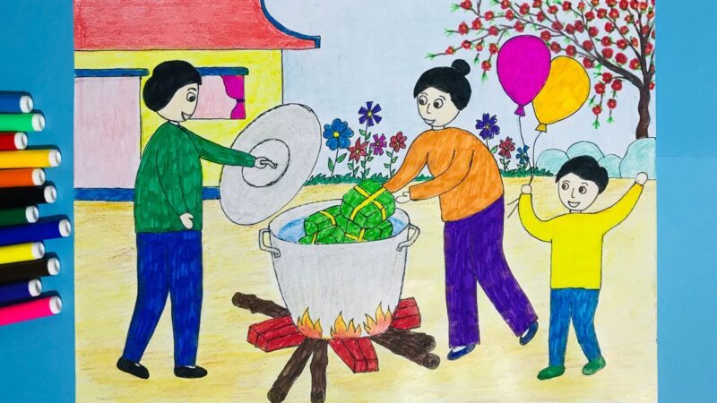 Tranh vẽ đề tài ngày tết bánh chưng xanh