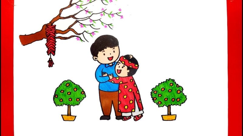 Tranh vẽ đề tài ngày tết bé và ba