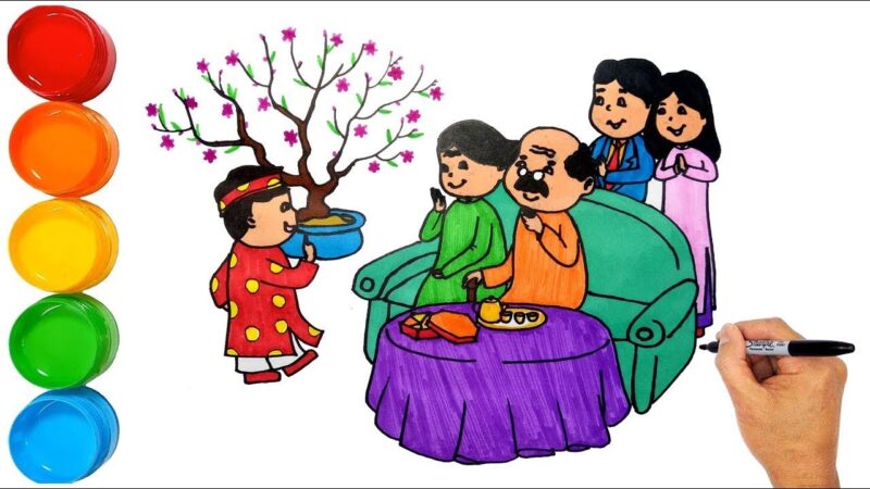 Tranh vẽ đề tài ngày tết bé và gia đình