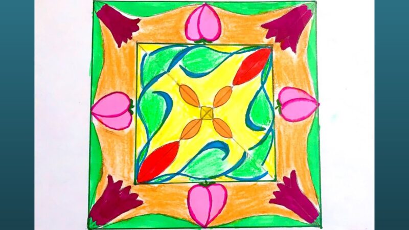 Tranh vẽ đề tài trang trí hình vuông viền xanh