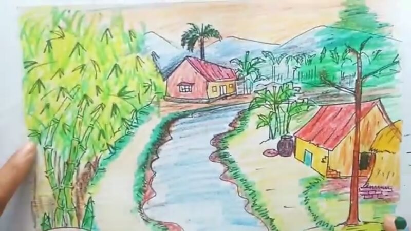 Tranh vẽ đồng quê đơn giản về ngôi nhà ven sông