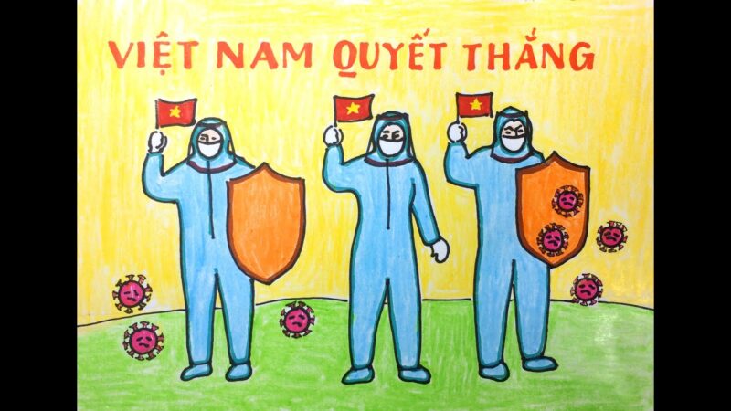 tranh vẽ em yêu màu áo xanh tạo lá chắn bảo vệ Việt Nam khỏi dịch bệnh
