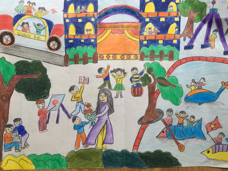 tranh vẽ Hà Nội trong em học tập và vui chơi