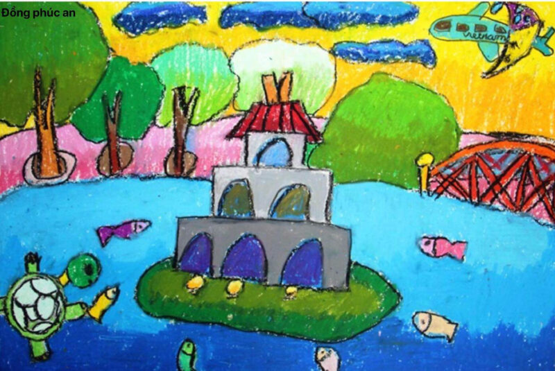 tranh vẽ Hà Nội trong em vẽ hồ gươm bằng sáp màu