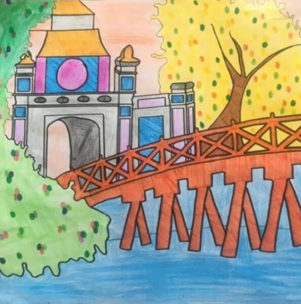 Tranh vẽ Hồ Gươm cầu thê húc