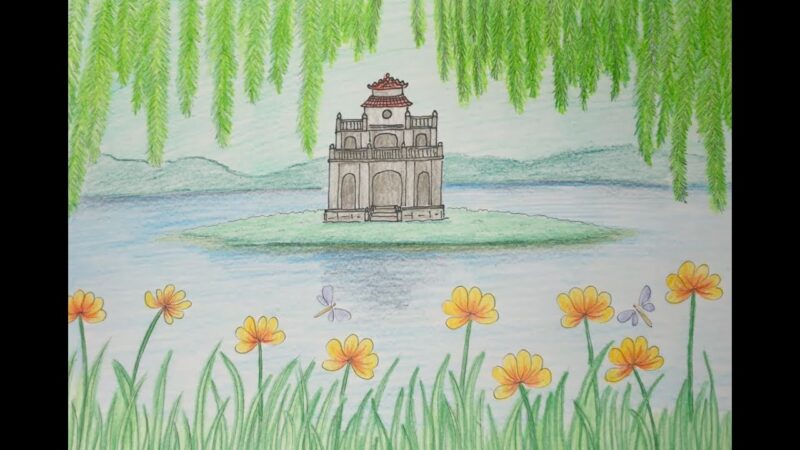 Tranh vẽ Hồ Gươm dưới tán cây
