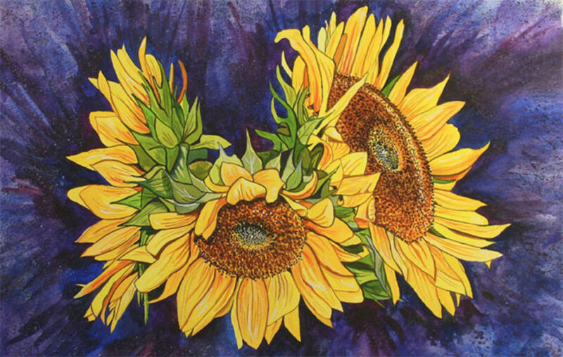 Tranh vẽ hoa đơn giản hoa hướng dương 3 bông