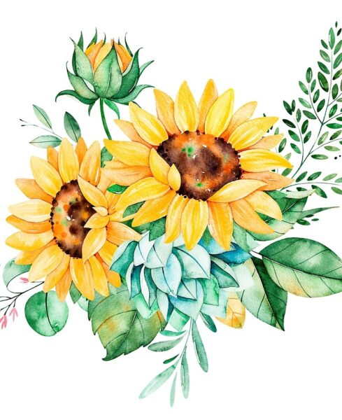 Tranh vẽ hoa đơn giản hoa hướng dương bó màu nước