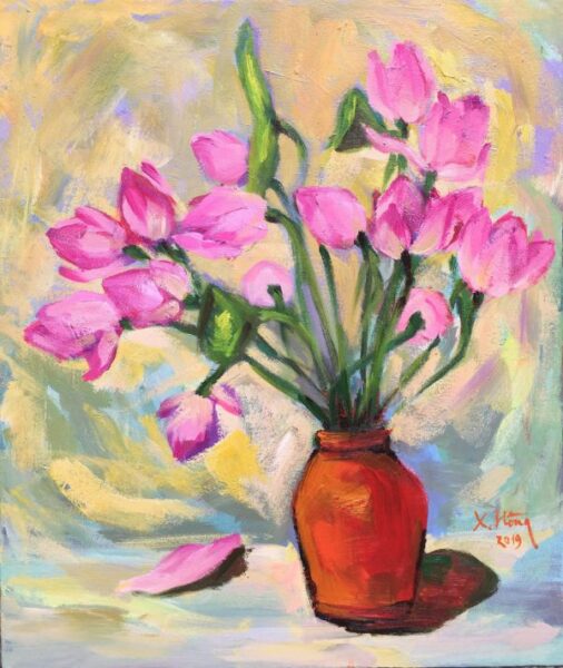 Tranh vẽ hoa đơn giản hoa sen cắm bình màu sơn dầu