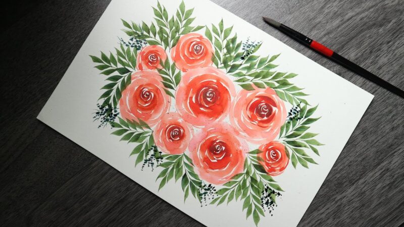 Tranh hoa hồng màu nước đơn giản