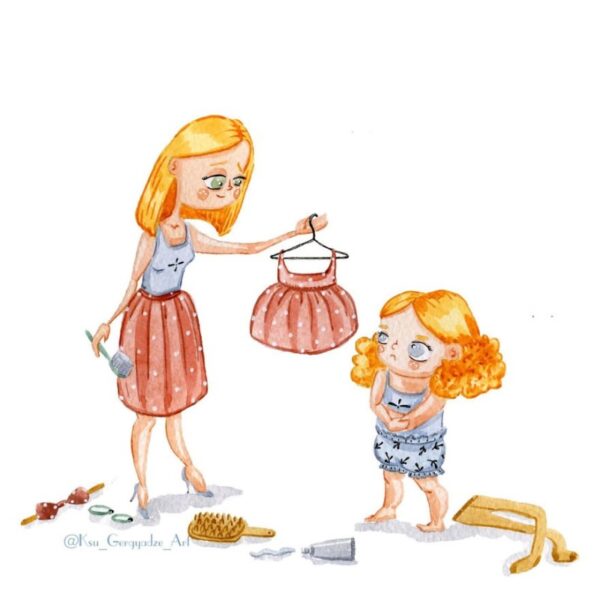 Tranh vẽ mẹ và con gái bộ đôi dễ thương