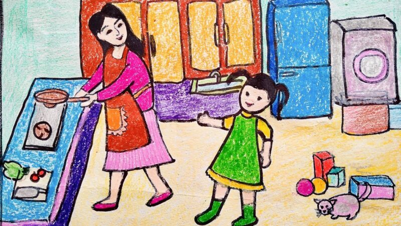 Tranh vẽ mẹ và con gái đang dọn dẹp